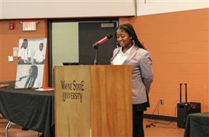 Student Kyndall McNeill debating her topic